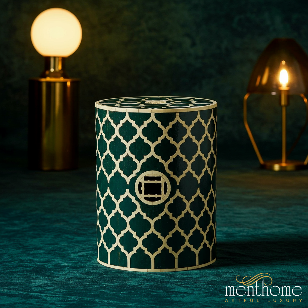 Decorative Cylindrical Wooden Stool with Geometric Pattern | Luxury Handmade Stool