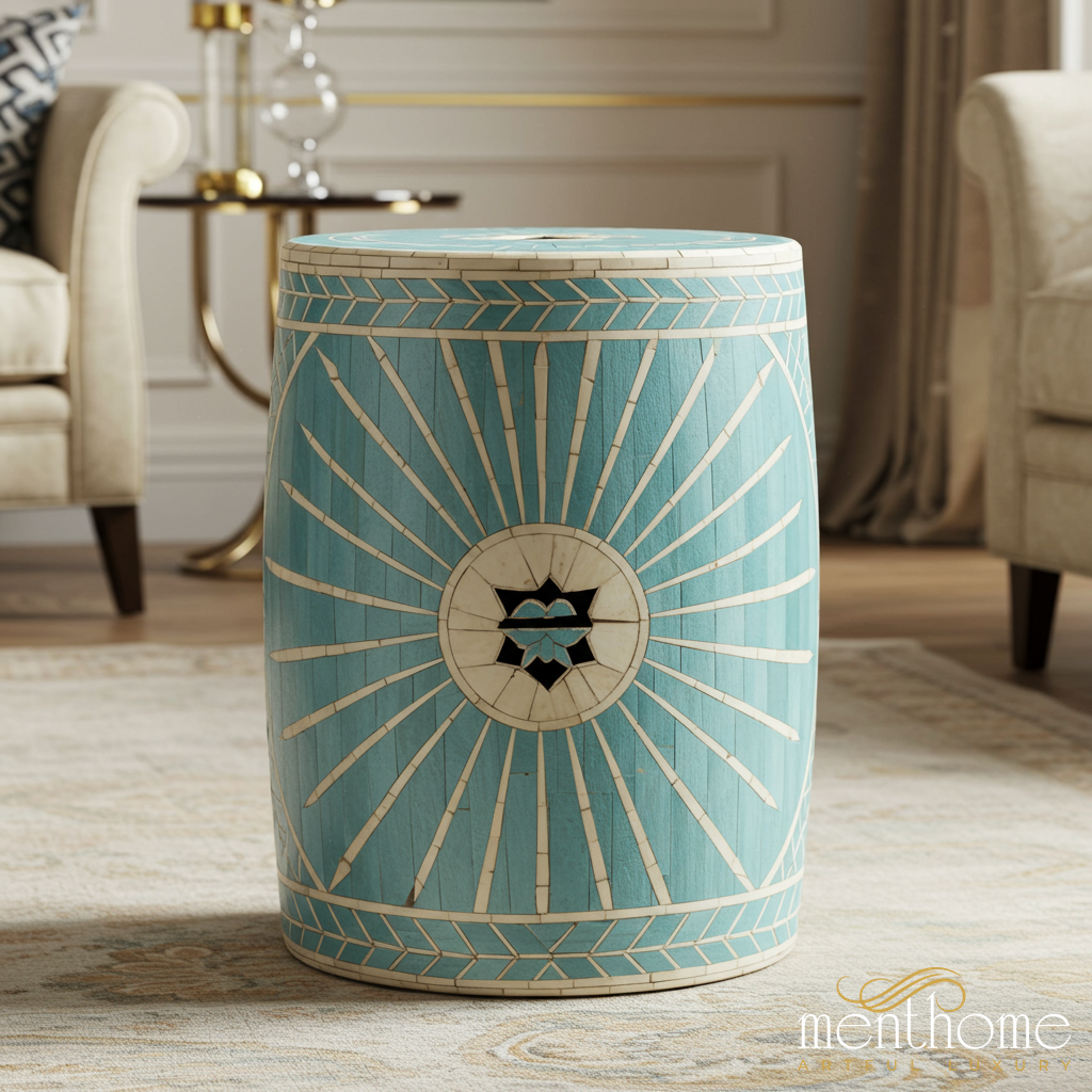Decorative Blue Geometric Ceramic Garden Stool | Luxury Handmade Stool