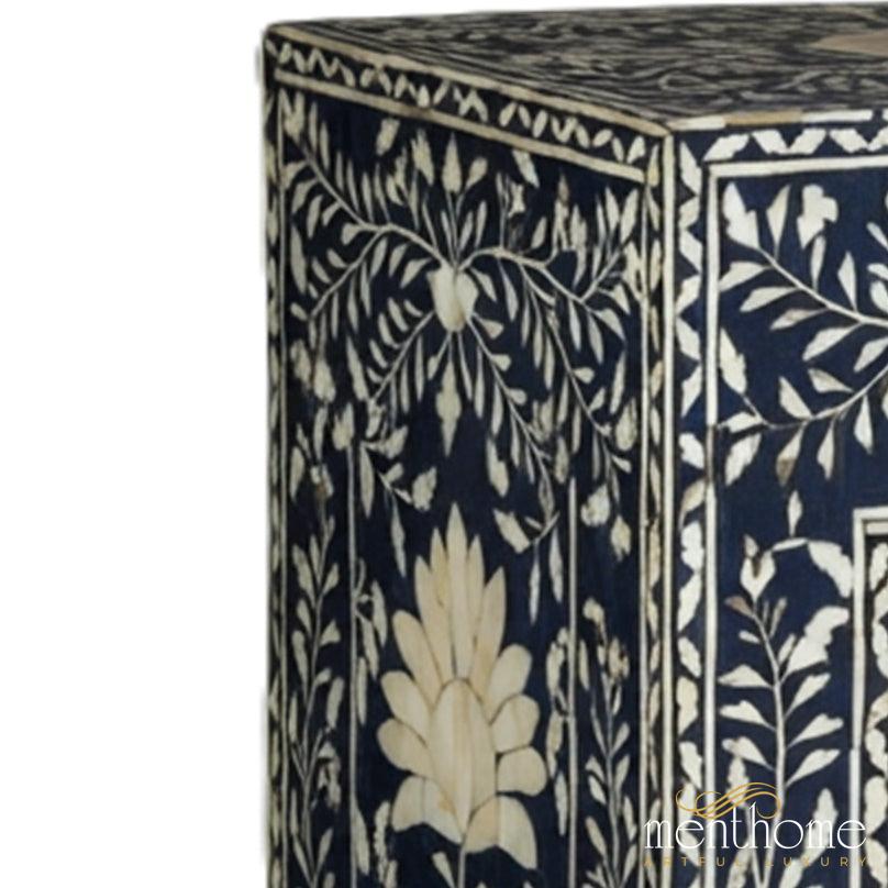 Navy Blue Bone Inlay Handmade Bedside Table with Two Drawers | Luxury Handmade Bedside Table