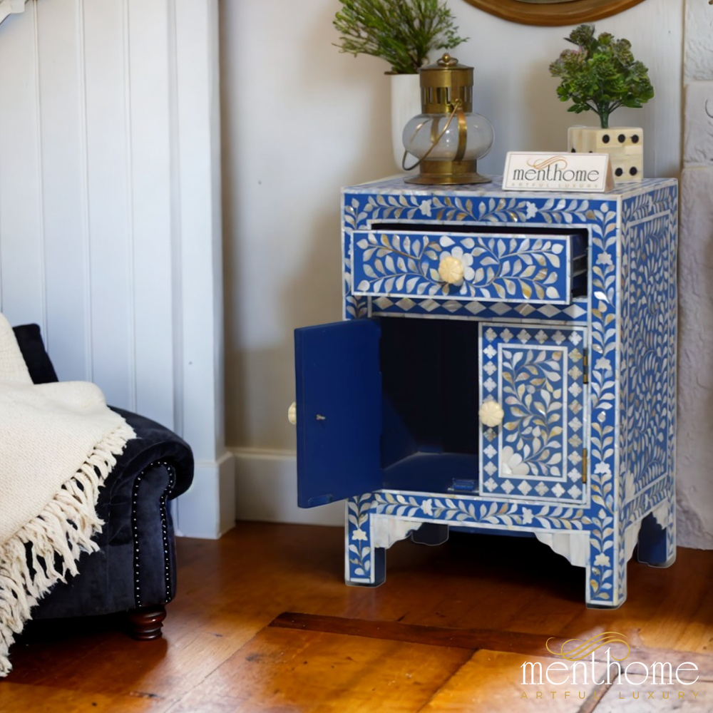 Mother of Pearl Inlay Bedside Floral Design | Luxury Handmade Bedside Table