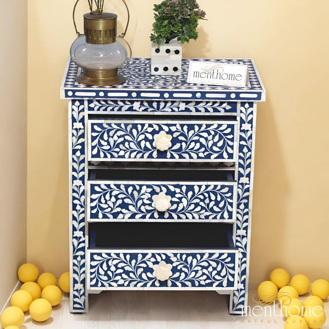 Floral Pattern Bedside Table Three-Drawer Bone Inlay | Luxury Handmade Bedside Table