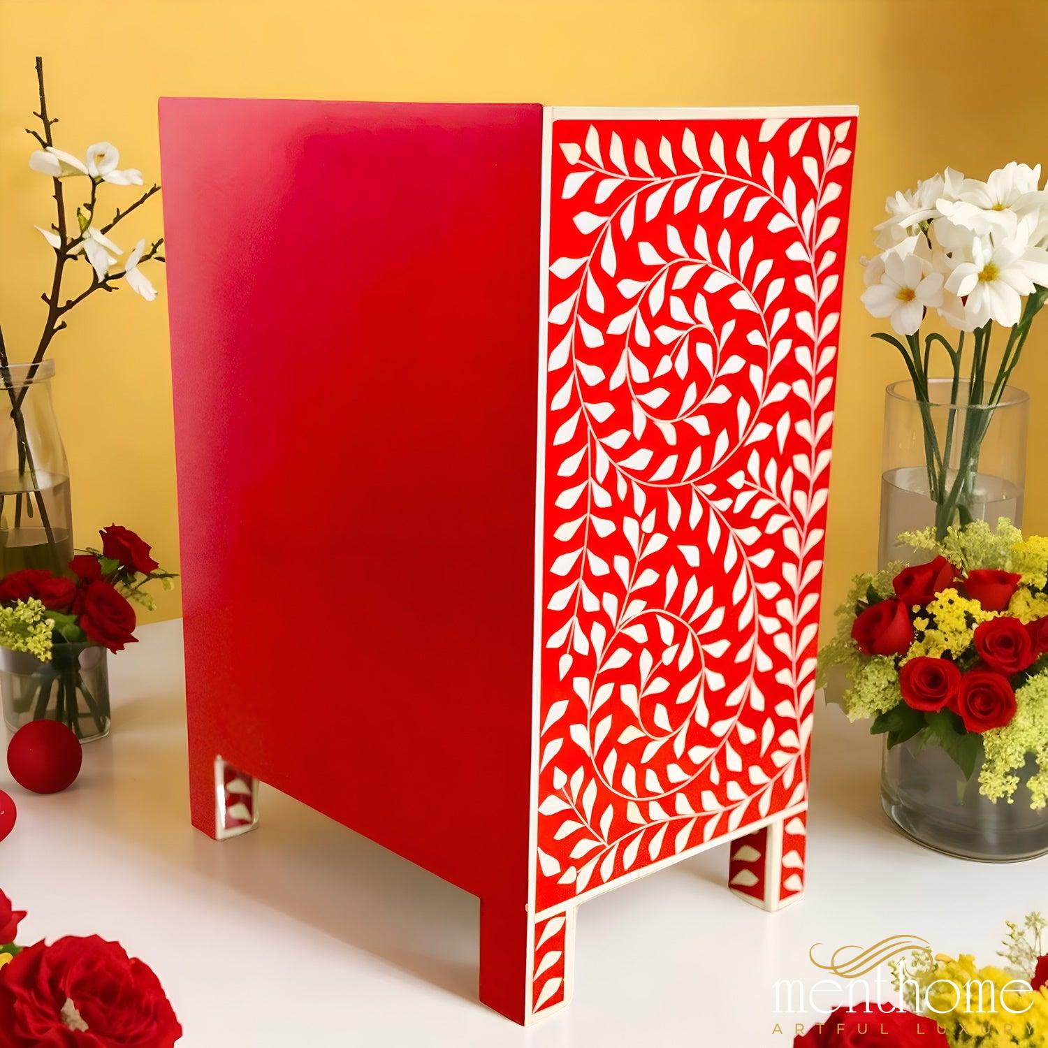 3 Drawer Resin Leaf Design Red and White Bedside Table | Luxury Handmade Bedside Table