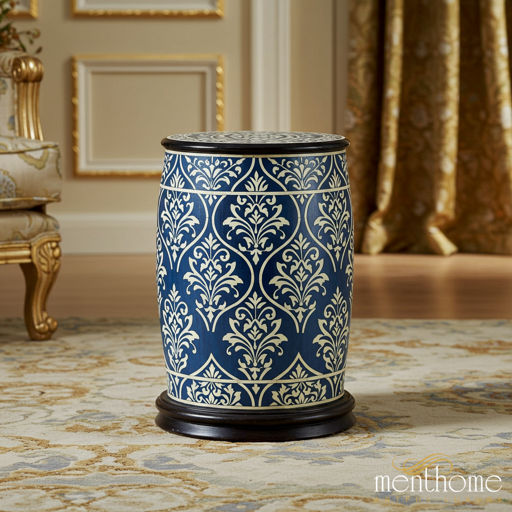 Decorative Blue and White Patterned Ceramic Stool | Luxury Handmade Stool