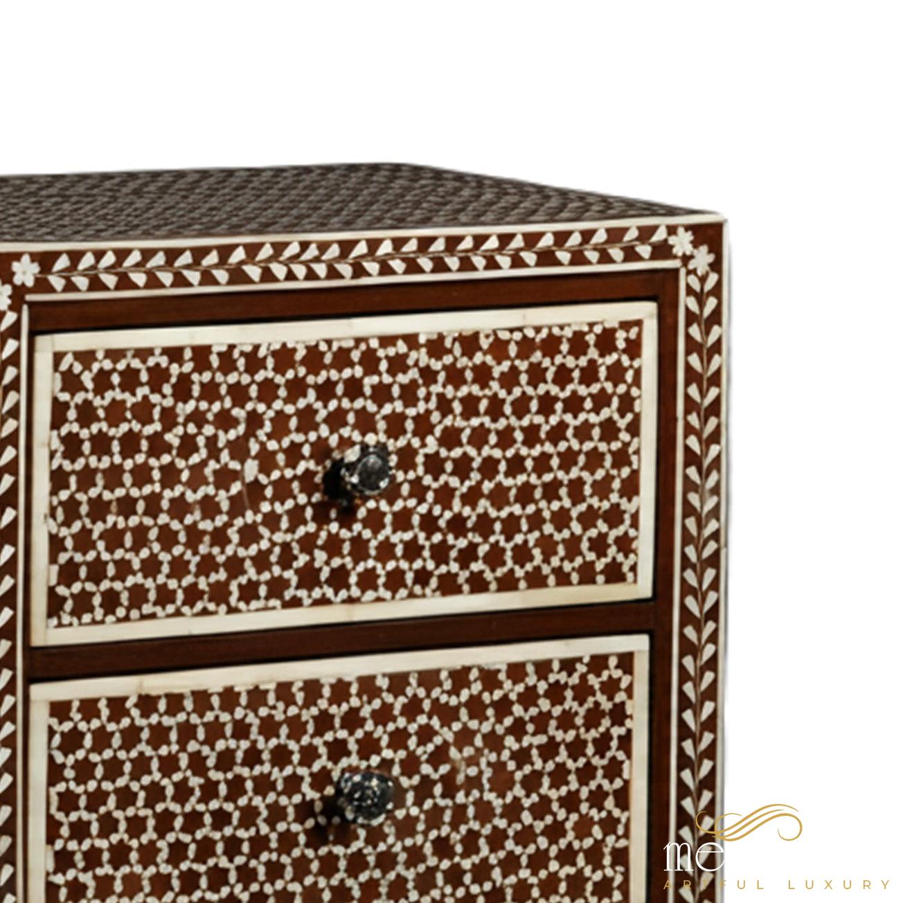 Bone Inlay Honeycomb Pattern Bedside Table with Two Drawers | Luxury Handmade Bedside Table