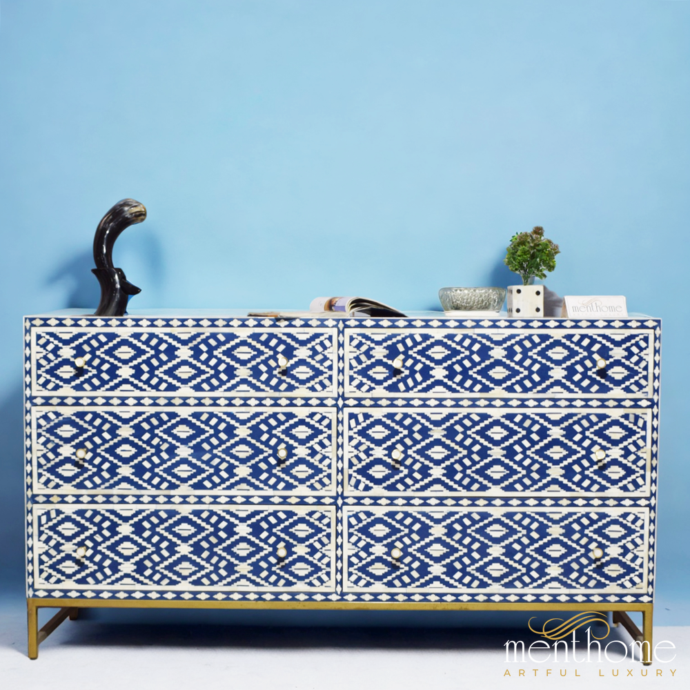Navy Blue Bone Inlay Eye Cut pattern 6-Drawer Dresser | Luxury Handmade Dresser
