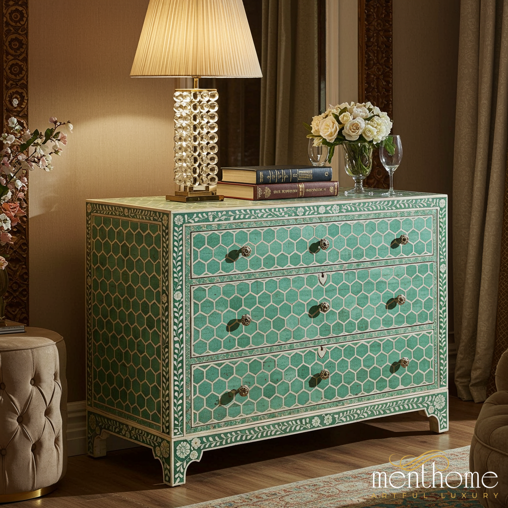 Elegant Green Bone Inlay Chest of Drawers | Luxury Handmade Dresser Menthome USA Elegant Green Bone Inlay Chest of Drawers | Luxury Handmade Dresser Menthome USA