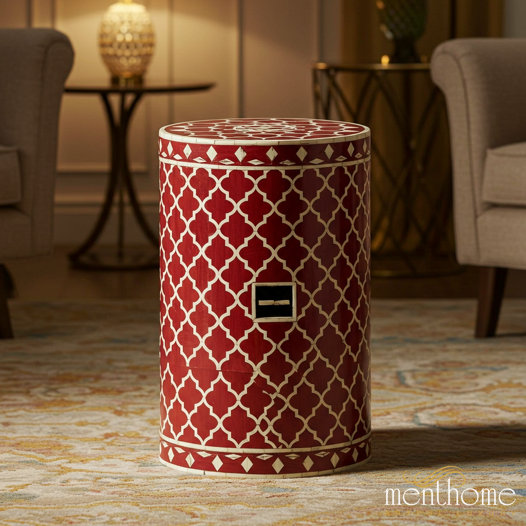 Red and White Decorative Drum Stool | Luxury Handmade Stool