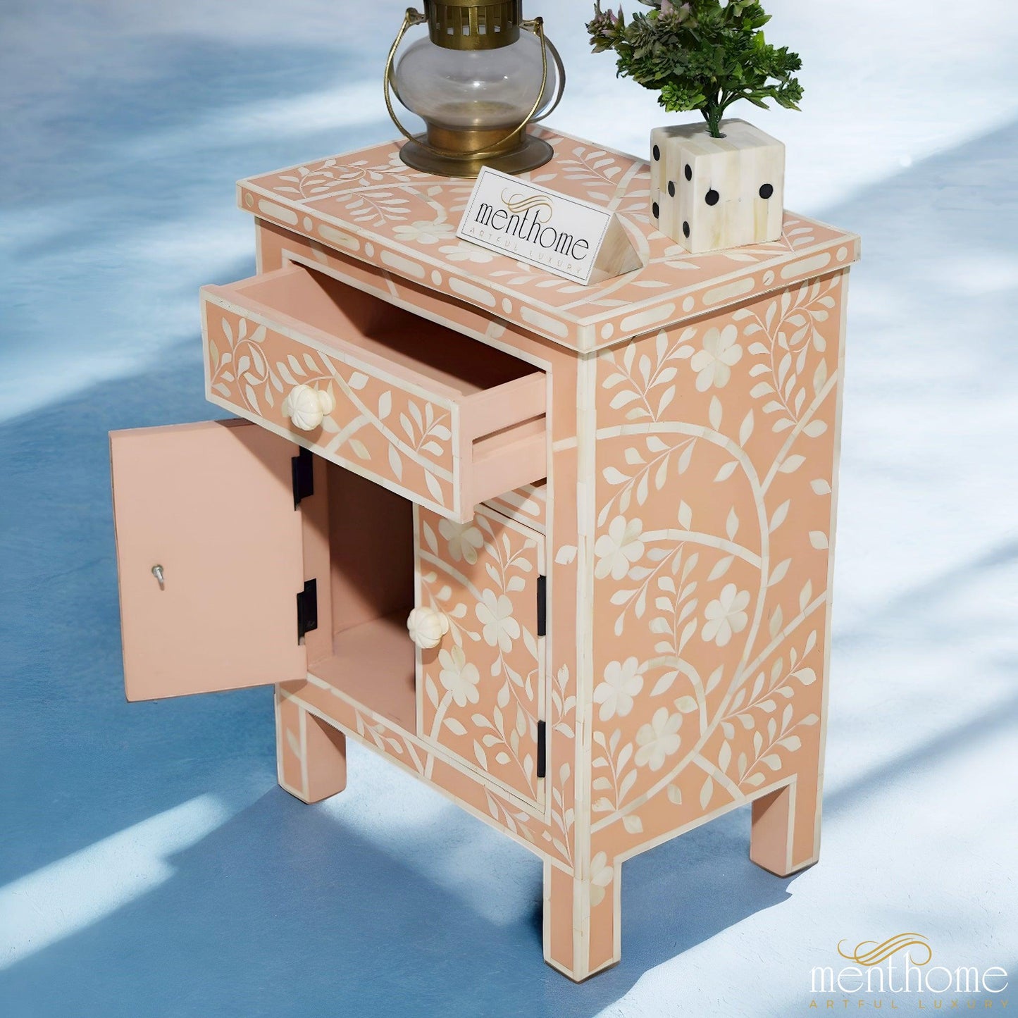Flower Pattern Inlaid Bedside Table in Orange Color | Luxury Handmade Bedside Table