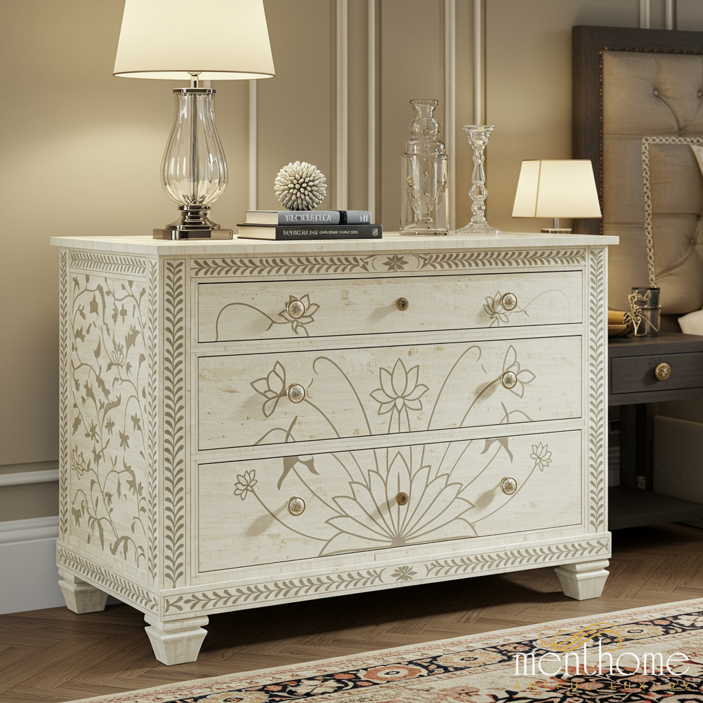 Antique White Floral Hand-Painted Wooden Dresser | Luxury Handmade Dresser Antique White Floral Hand-Painted Wooden Dresser | Luxury Handmade Dresser