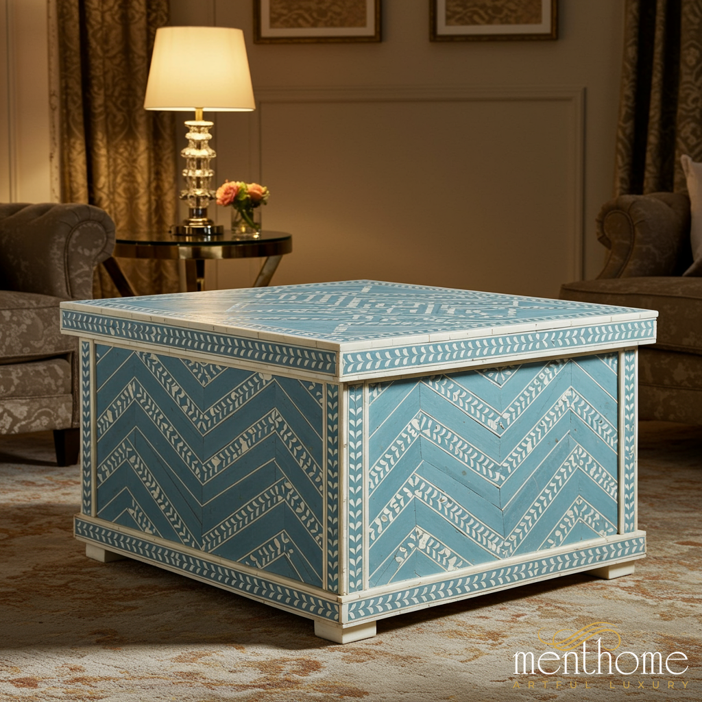 Blue Chevron Patterned Wooden Storage Coffee Table | Luxury Handmade Coffee Table