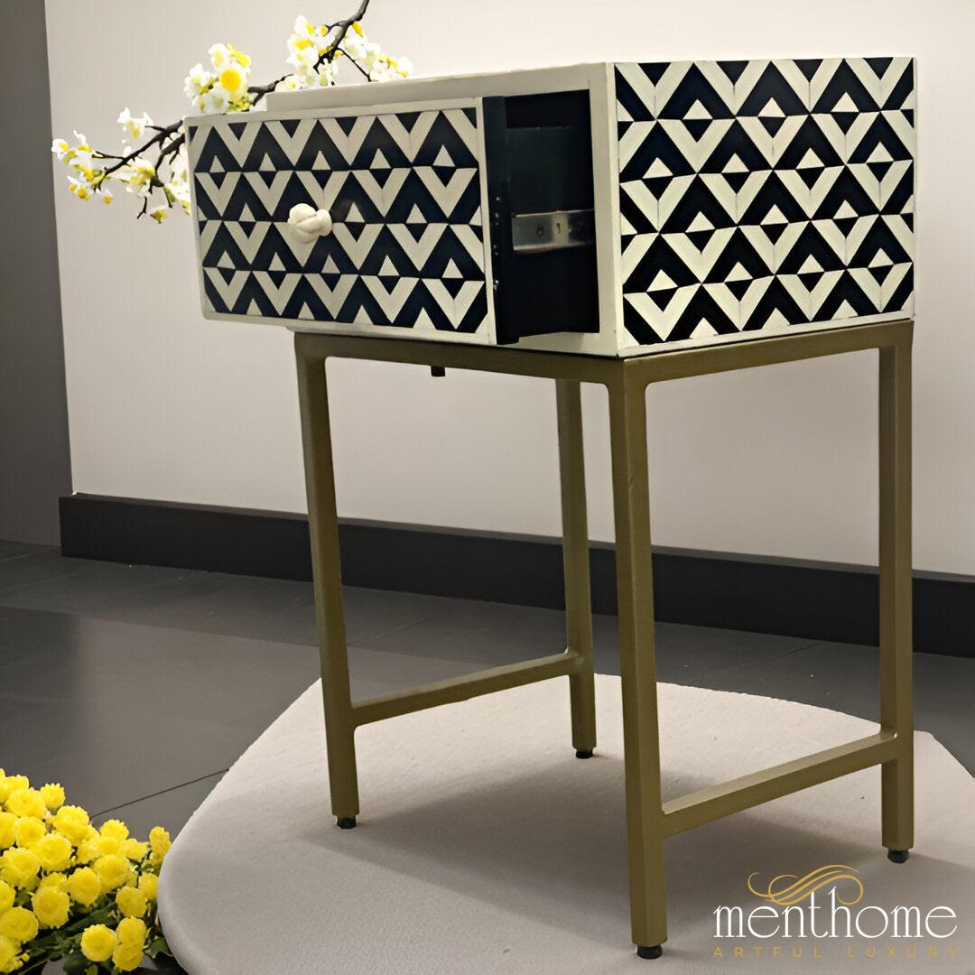 Monochrome Mirage — Artisanal Resin Zigzag One-Drawer Bedside Table with Brushed Brass Frame | Luxury Handmade Bedside Table