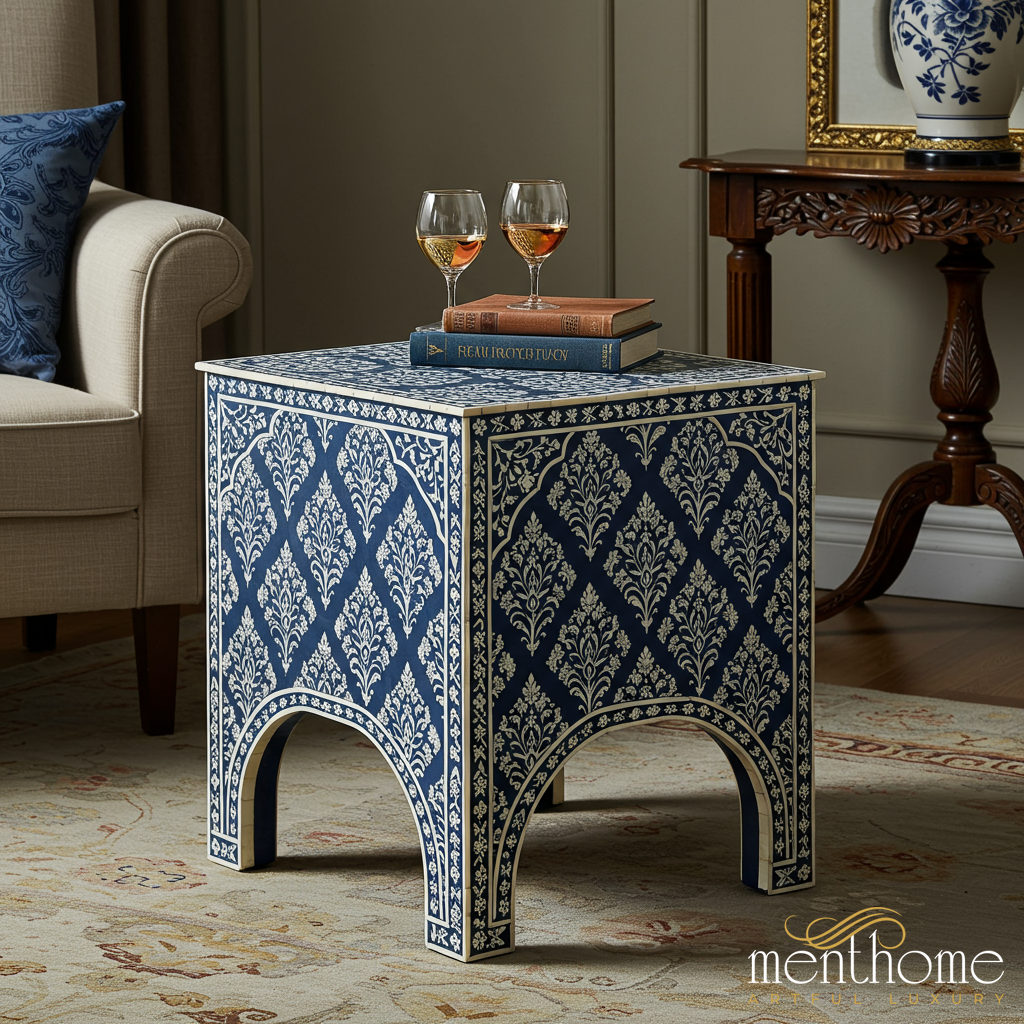 Elegant Blue and White Patterned Side Table | Luxury Handmade Side Table