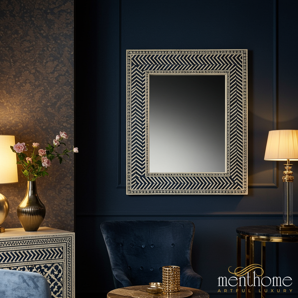 Decorative Wall Mirror with Geometric Inlay Frame | Luxury Handmade Mirror
