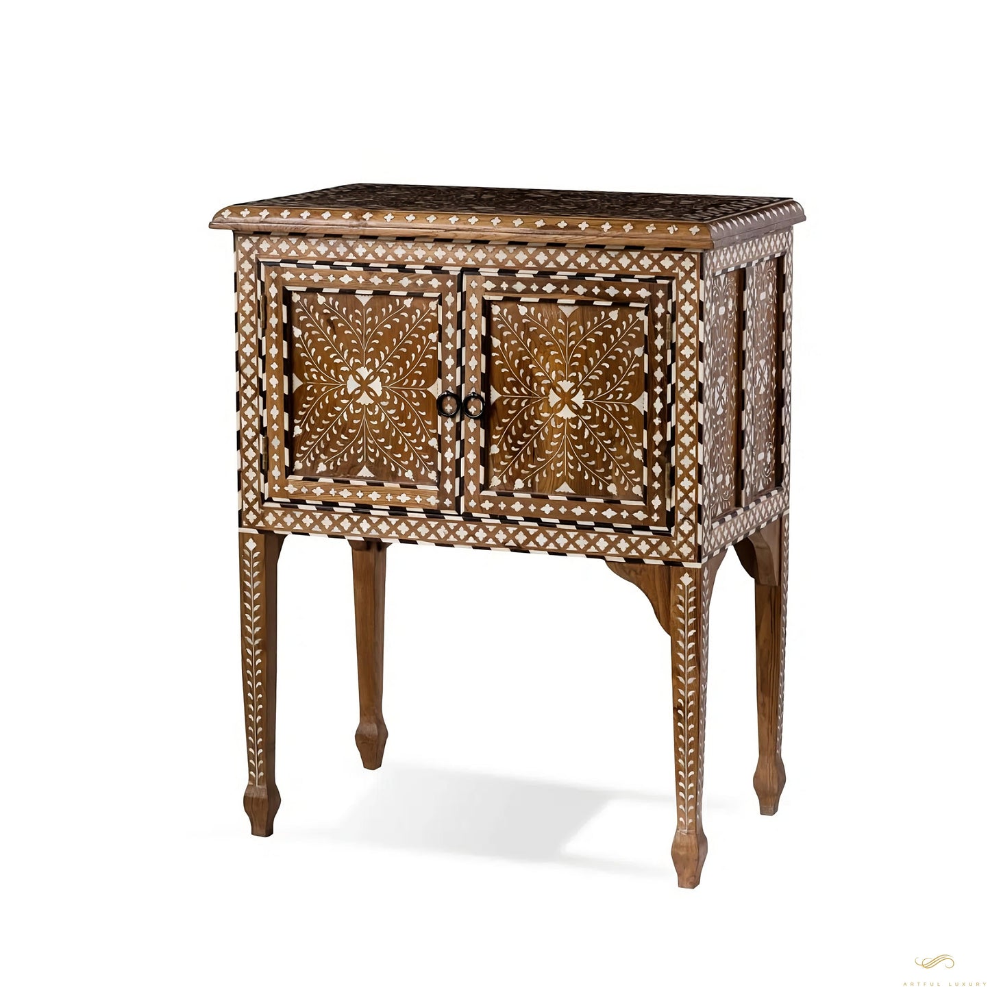 Teak Wood and Bone Inlay Bedside Table, Wooden Bone Inlay Storage Furniture | Luxury Handmade Bedside Table