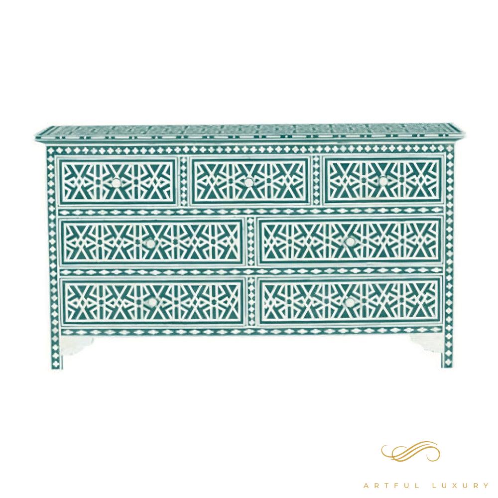 Handmade Bone inlay 7 Drawer dresser Black and White | Luxury Handmade Dresser