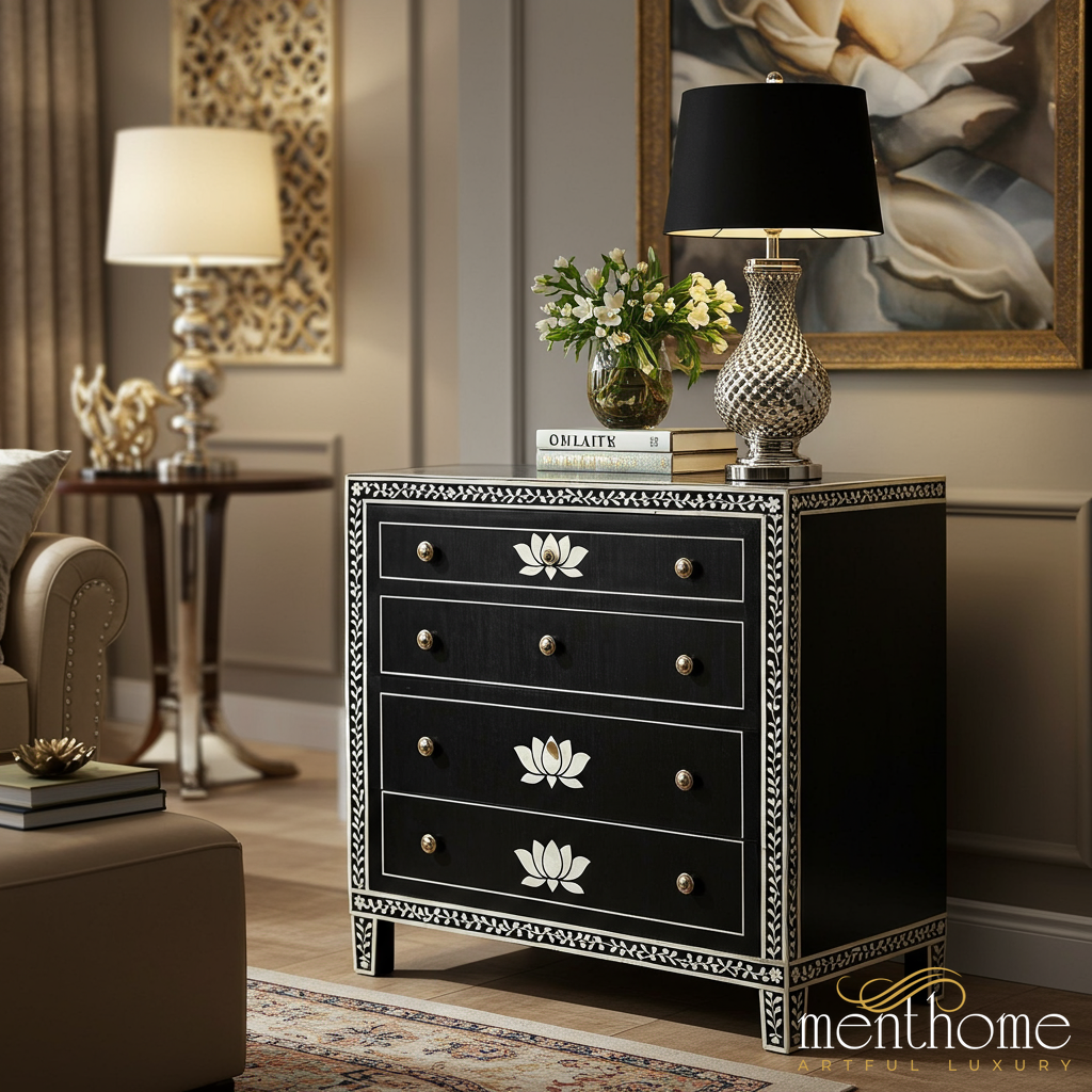 Elegant Black Wooden Chest of Drawers with Floral Inlay | Luxury Handmade Dresser