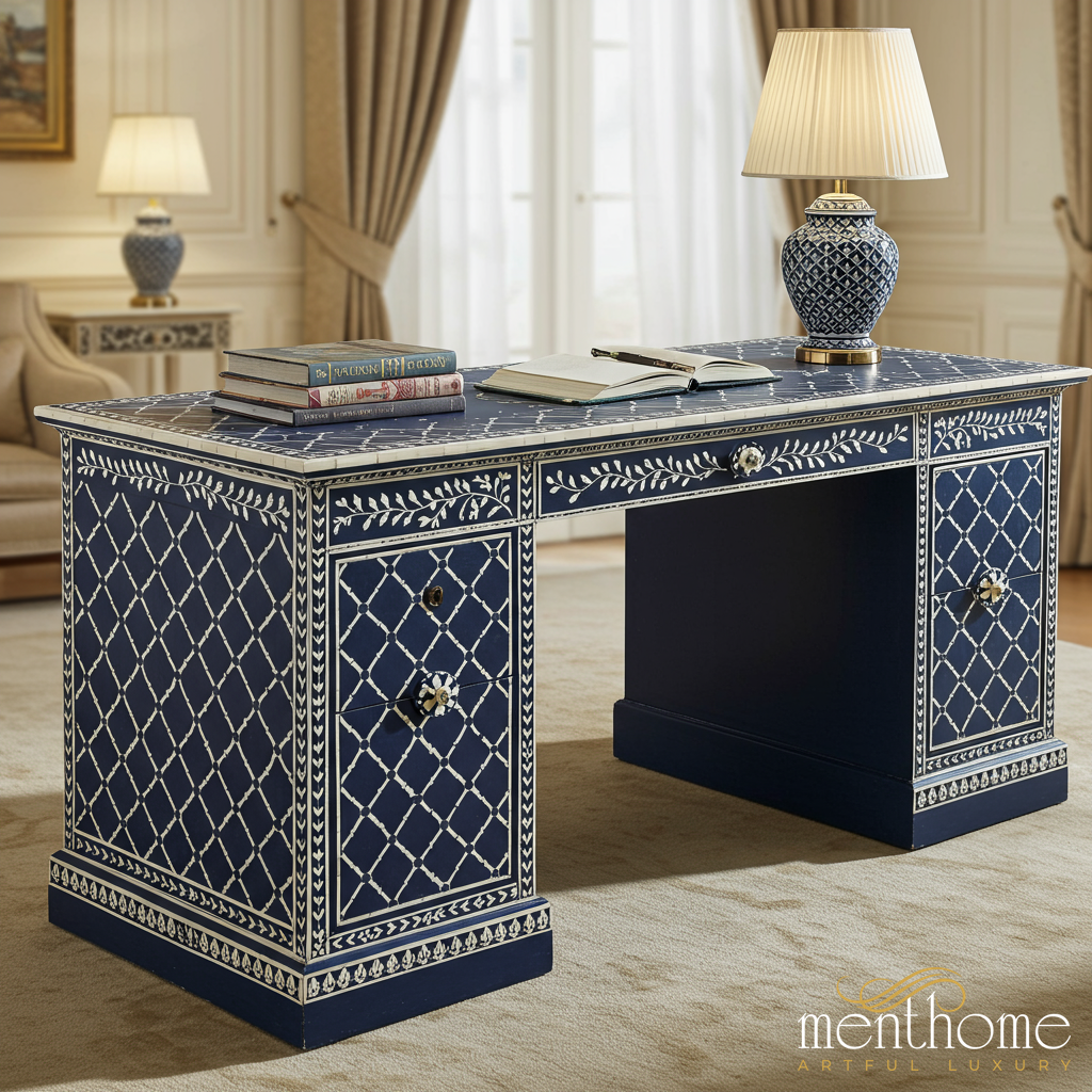 Hand-Painted Blue and White Antique Style Writing Desk | Luxury Handmade Desk