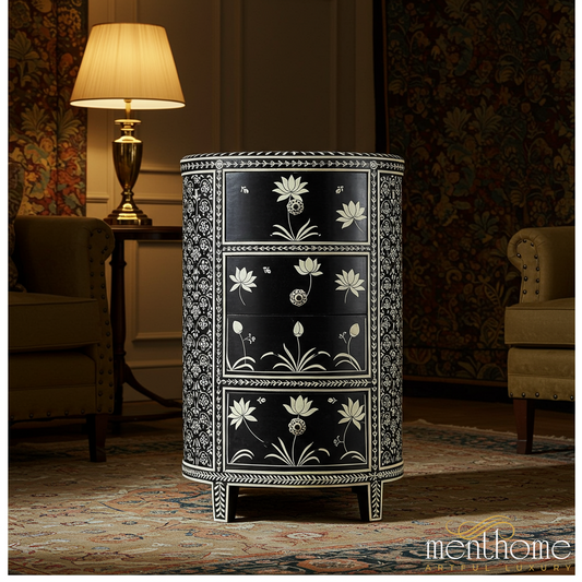 Handcrafted Black and White Floral Inlay Wooden Cabinet | Luxury Handmade Chest of Drawer