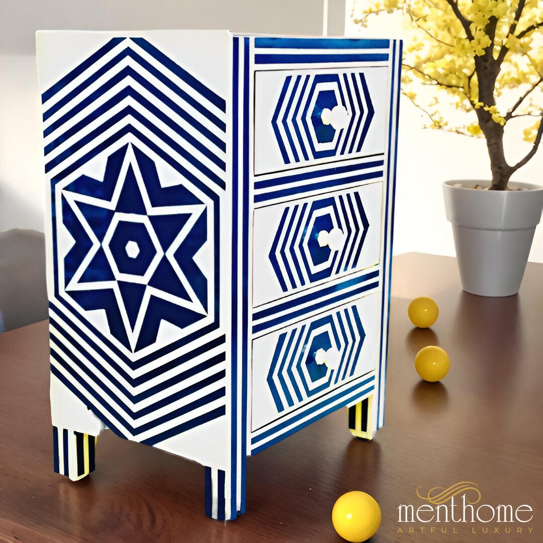 Star Design Blue and White 3 Drawer Resin Bedside Table | Luxury Handmade Bedside Table