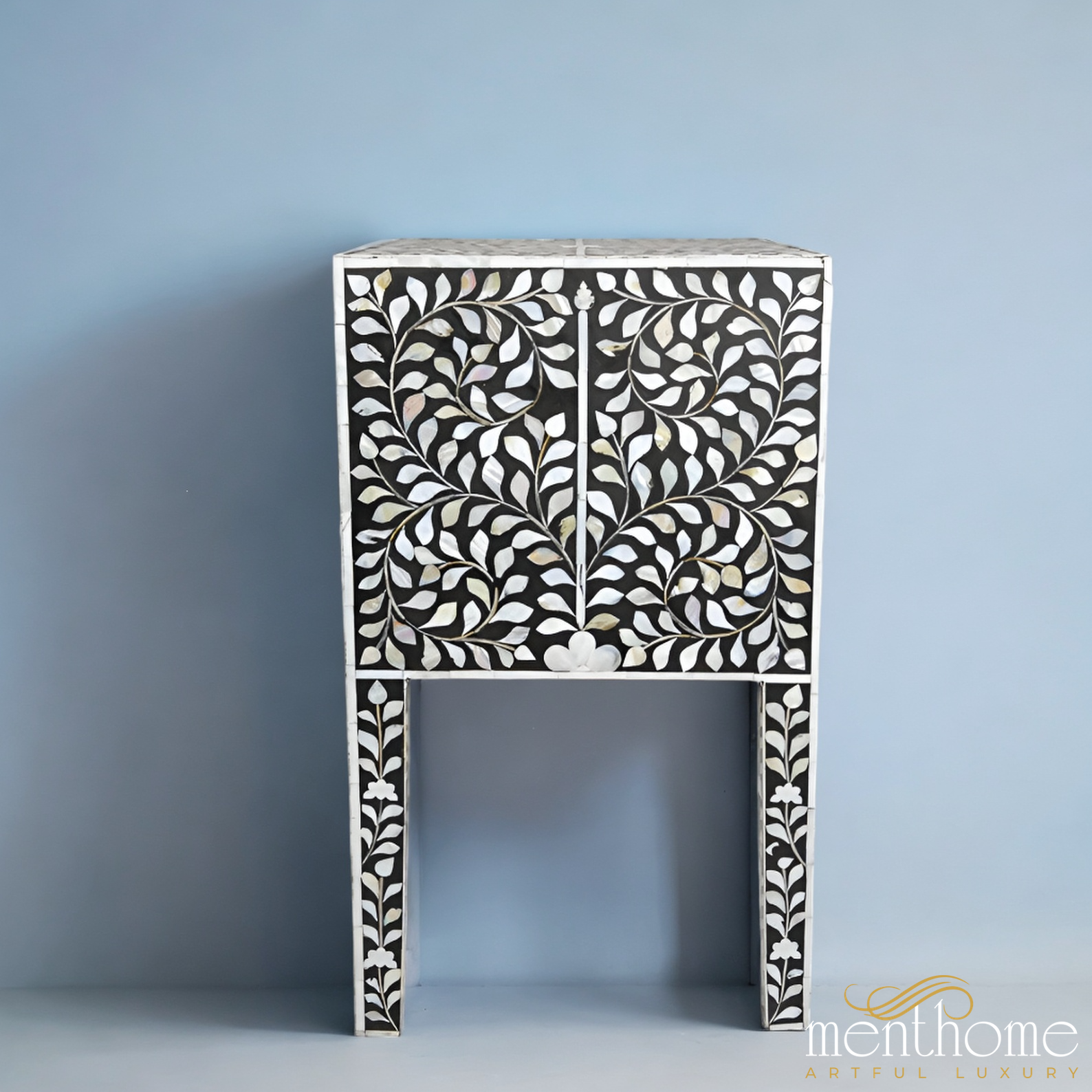 Mother of Pearl floral Dark Grey Bedside table | Luxury Handmade Bedside Table