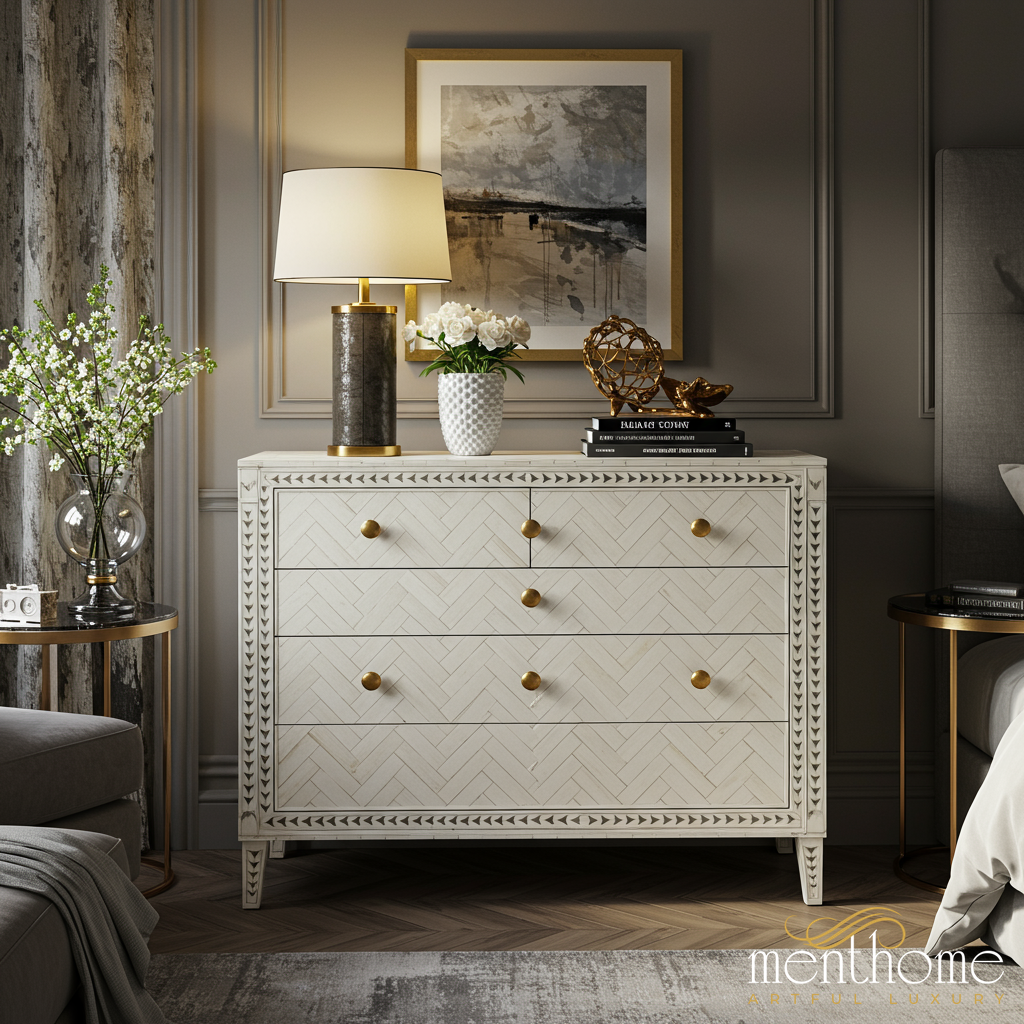 Elegant White Patterned Wooden Dresser with Brass Knobs | Luxury Handmade Dresser