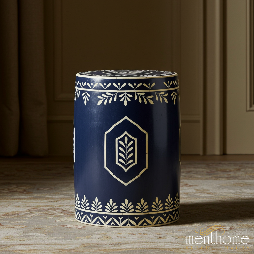 Blue Ceramic Garden Stool with White Leaf Pattern | Luxury Handmade Stool
