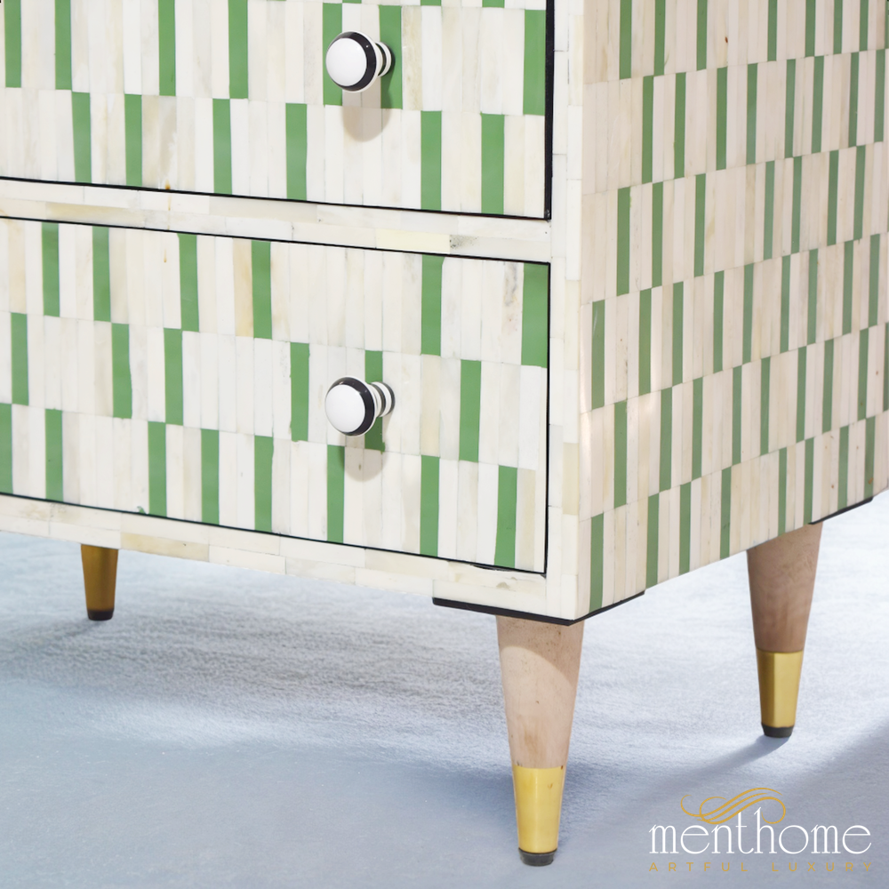Uneven Pattern Bedside Table Green 2-drawers Bone Inlay | Luxury Handmade Bedside Table