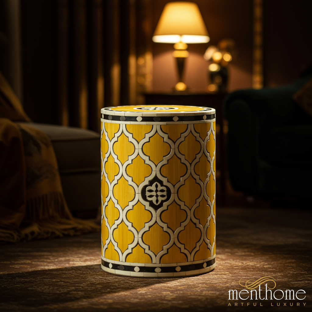 Decorative Yellow Moroccan Patterned Side Table | Luxury Handmade Stool