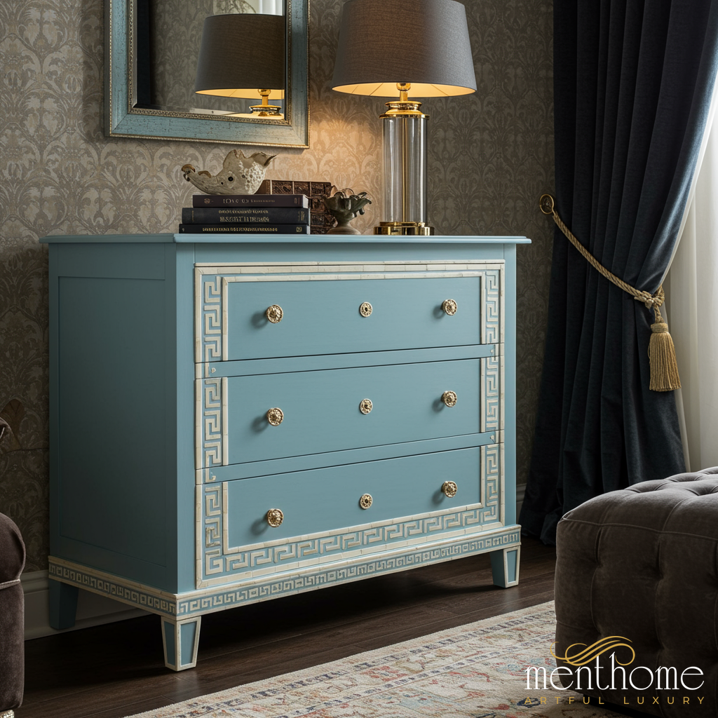 Classic Blue Wooden Chest Of Drawers With Gold Accents Bo Menthome USA Classic Blue Wooden Chest Of Drawers With Gold Accents Bo Menthome USA