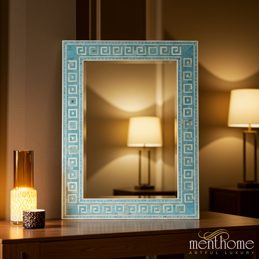 Decorative Blue Greek Key Accent Mirror | Luxury Handmade Mirror