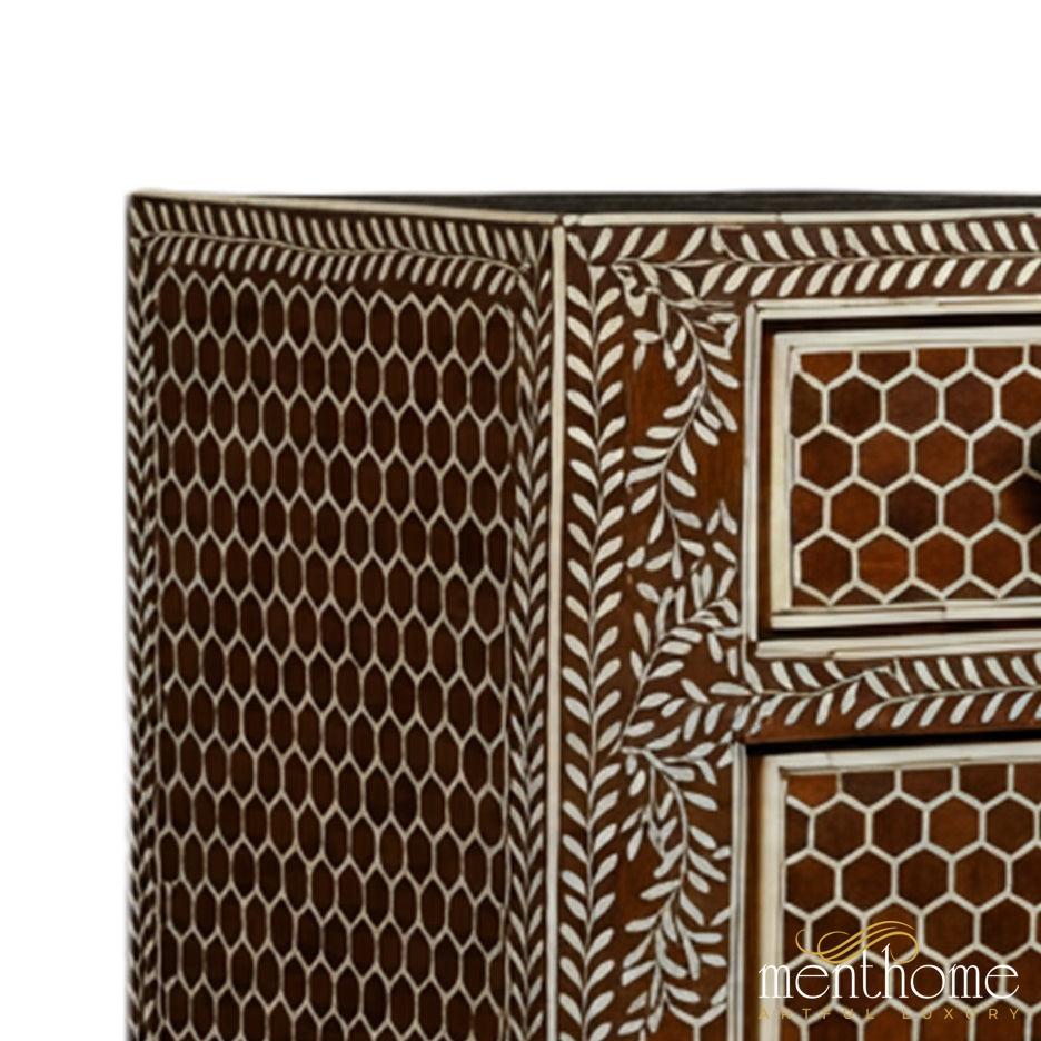 Handmade Brown Bone Inlay Bedside Table with Two Drawers | Luxury Handmade Bedside Table