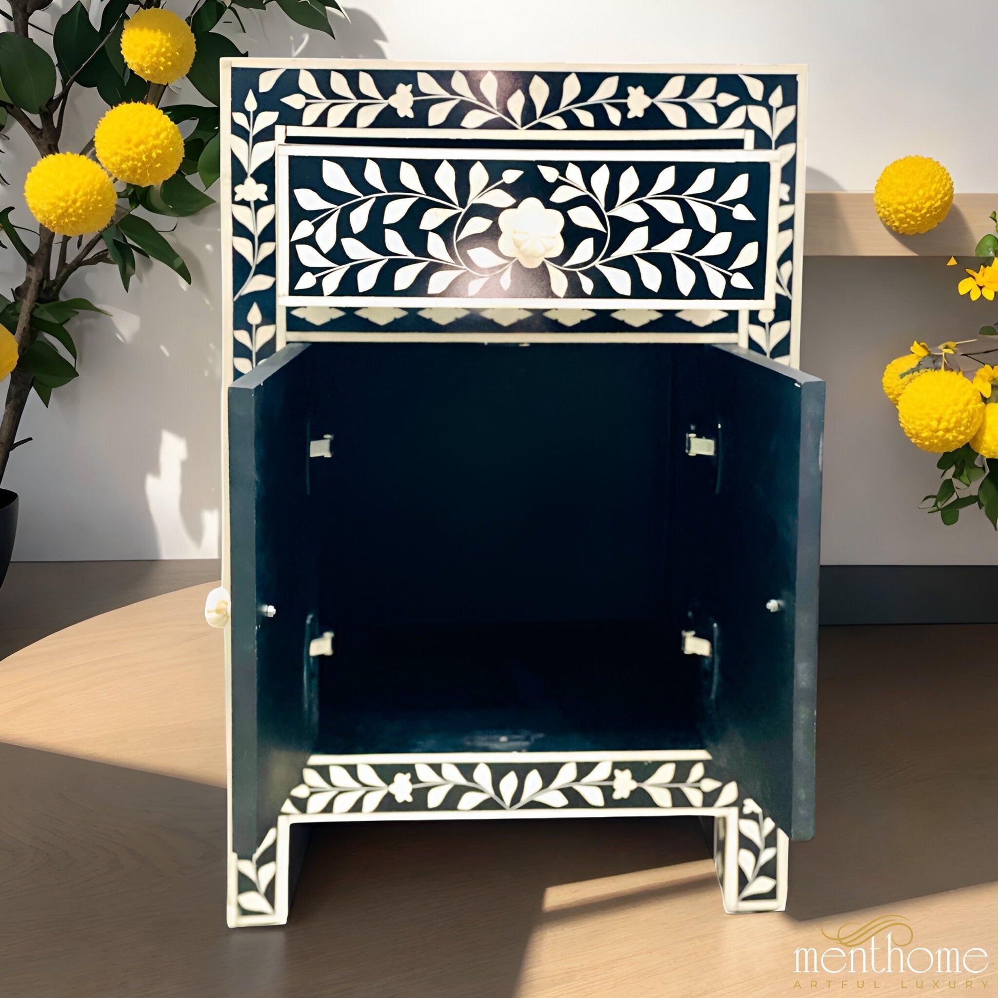 Floral Pattern Black Bedside Table - 1 Drawer and 2 Doors | Luxury Handmade Bedside Table