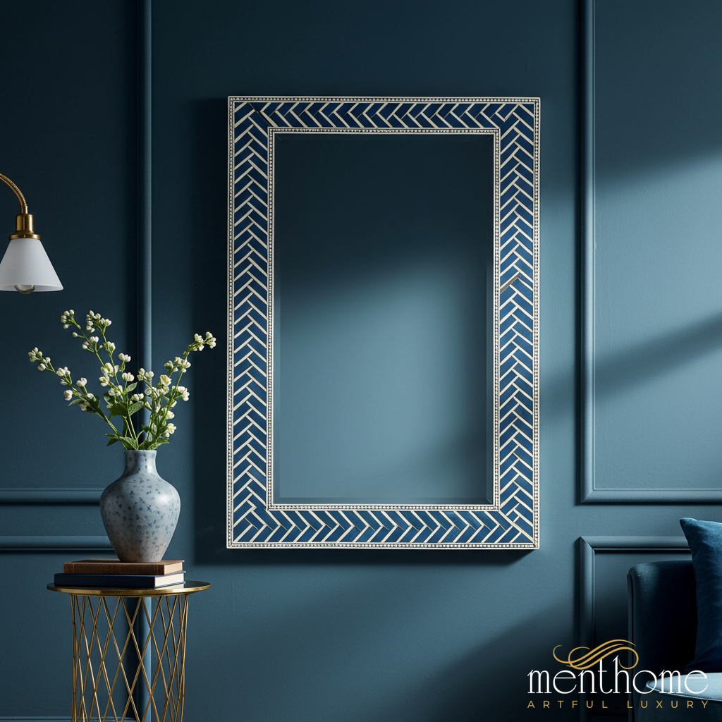 Decorative Blue and White Chevron Wall Mirror | Luxury Handmade Mirror
