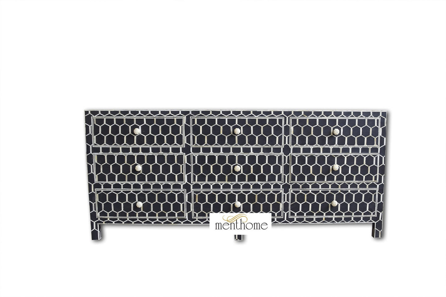 Bone Inlay Ikat Design 9 Drawers TVC, Media Unit, Indigo Blue TV Cabinet, Bone Inlay Home Decor Furniture Handmade Design Bone inlay Wooden