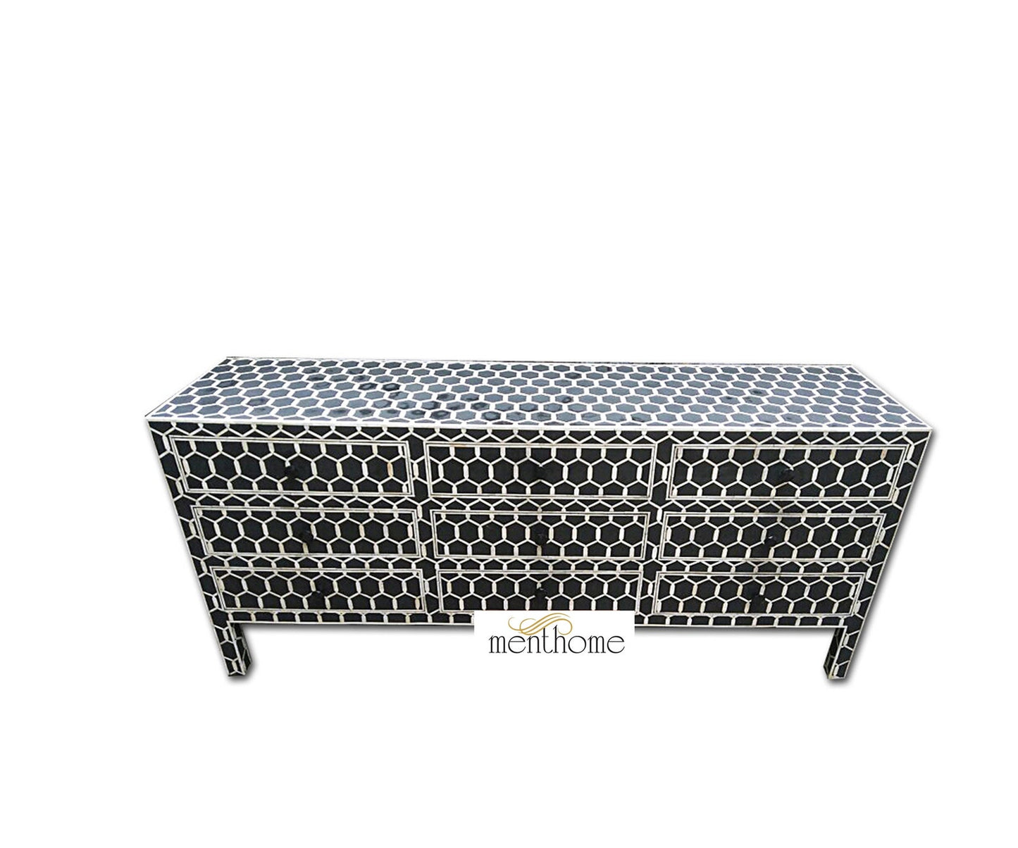 Bone Inlay Ikat Design 9 Drawers TVC, Media Unit, Indigo Blue TV Cabinet, Bone Inlay Home Decor Furniture Handmade Design Bone inlay Wooden