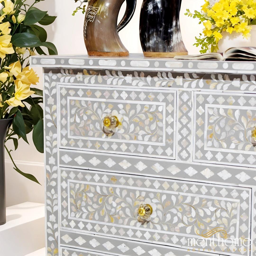 Floral Dresser Seven Drawer crafted with Mother of Pearl | Luxury Handmade Dresser