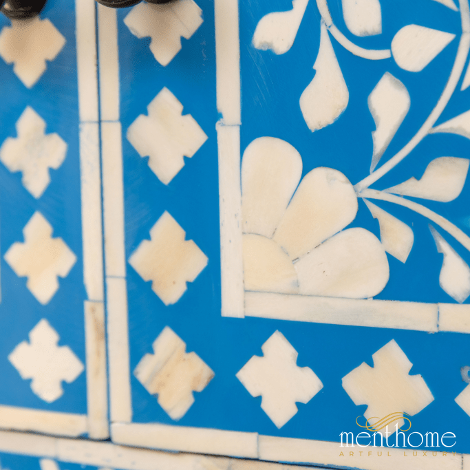 Handcrafted Furniture Bone Inlay Light Blue Bedside Table | Luxury Handmade Bedside Table