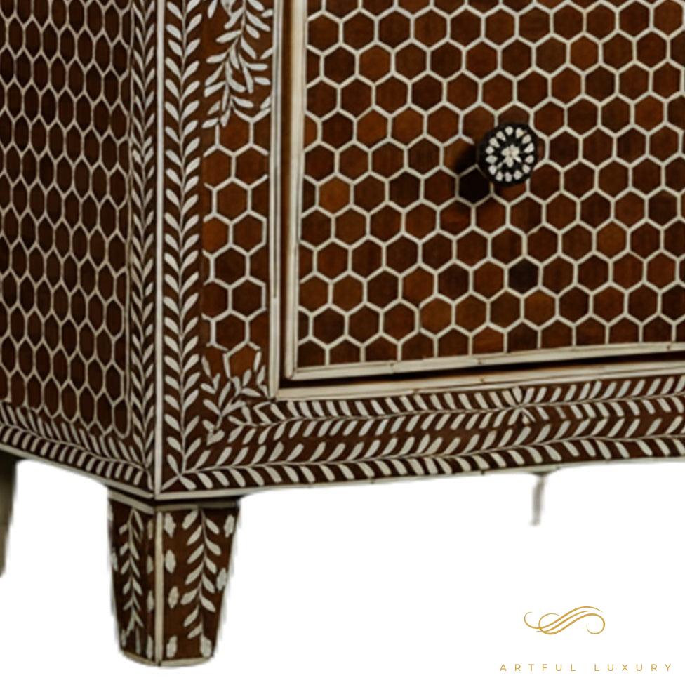 Handmade Brown Bone Inlay Bedside Table with Two Drawers | Luxury Handmade Bedside Table