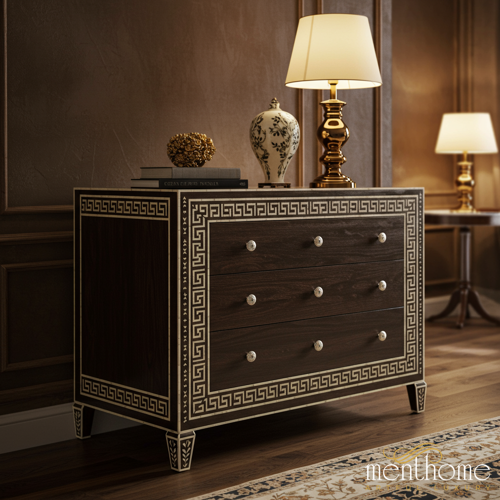 Elegant Dark Wood Chest of Drawers with Greek Key Inlay | Luxury Handmade Dresser - M(60"Wx18"Dx30"H) / MOP Elegant Dark Wood Chest of Drawers with Greek Key Inlay | Luxury Handmade Dresser - M(60"Wx18"Dx30"H) / MOP