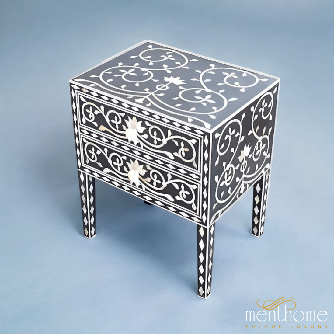 Lotus Pattern Nightstand With Two Drawer Bone Inlay | Luxury Handmade Bedside Table