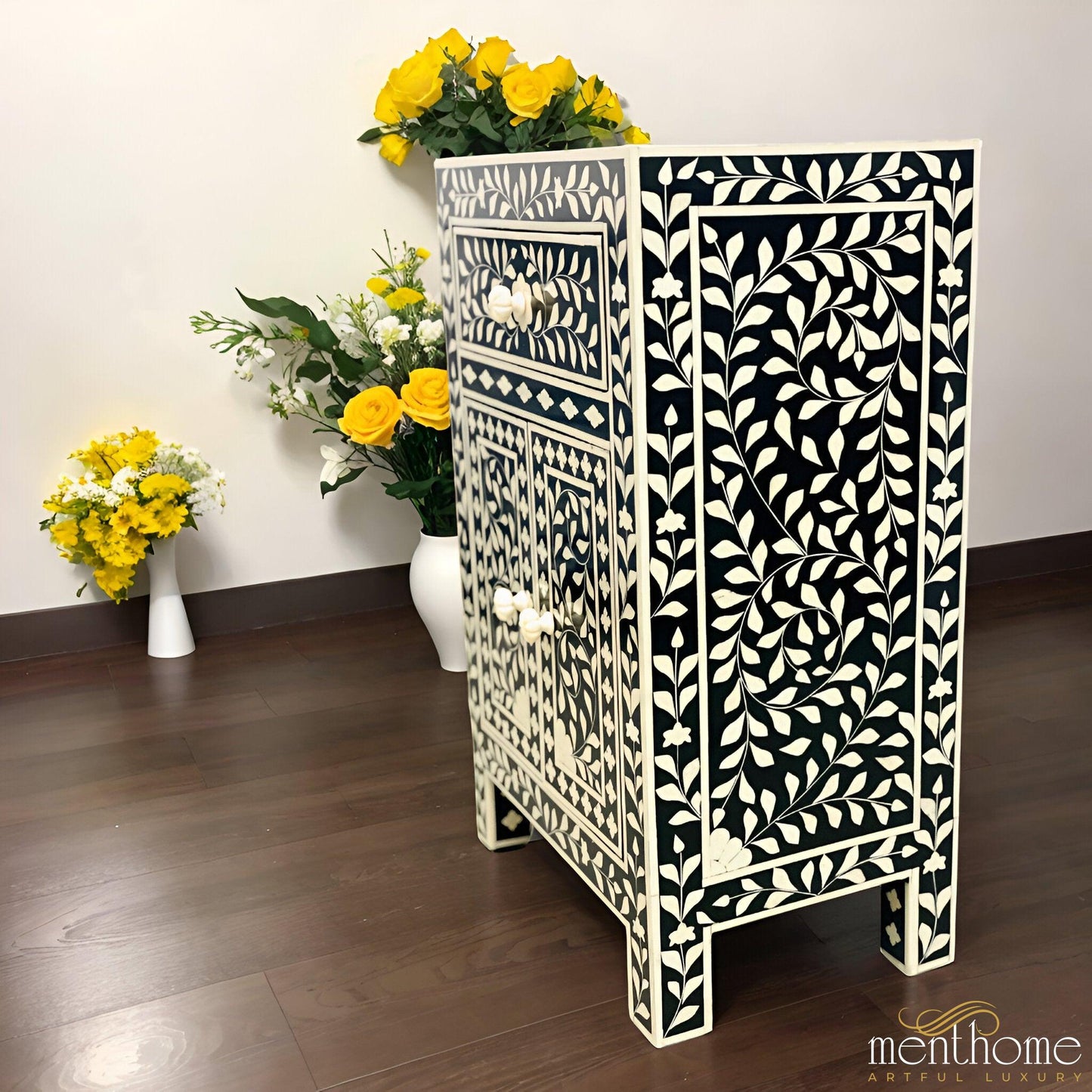 Floral Pattern Black Bedside Table - 1 Drawer and 2 Doors | Luxury Handmade Bedside Table