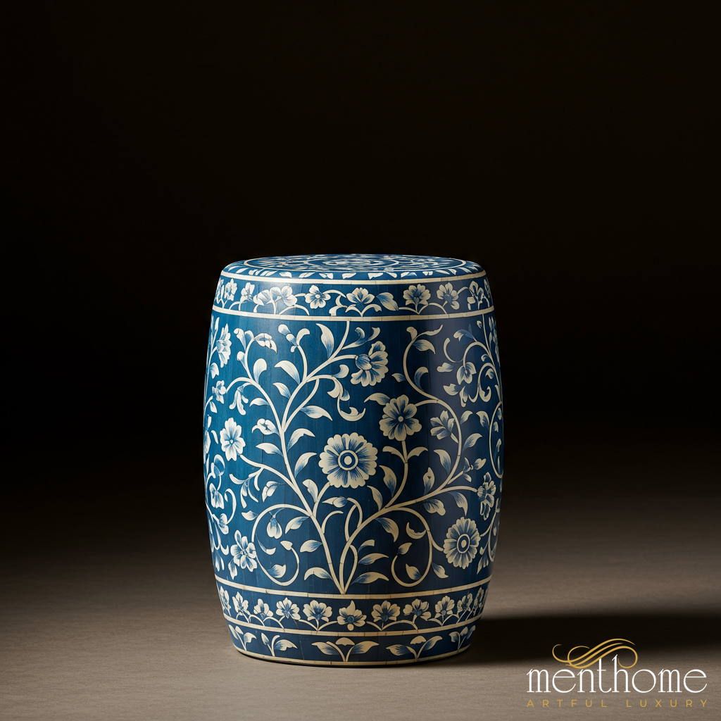 Blue Floral Ceramic Garden Stool | Luxury Handmade Stool