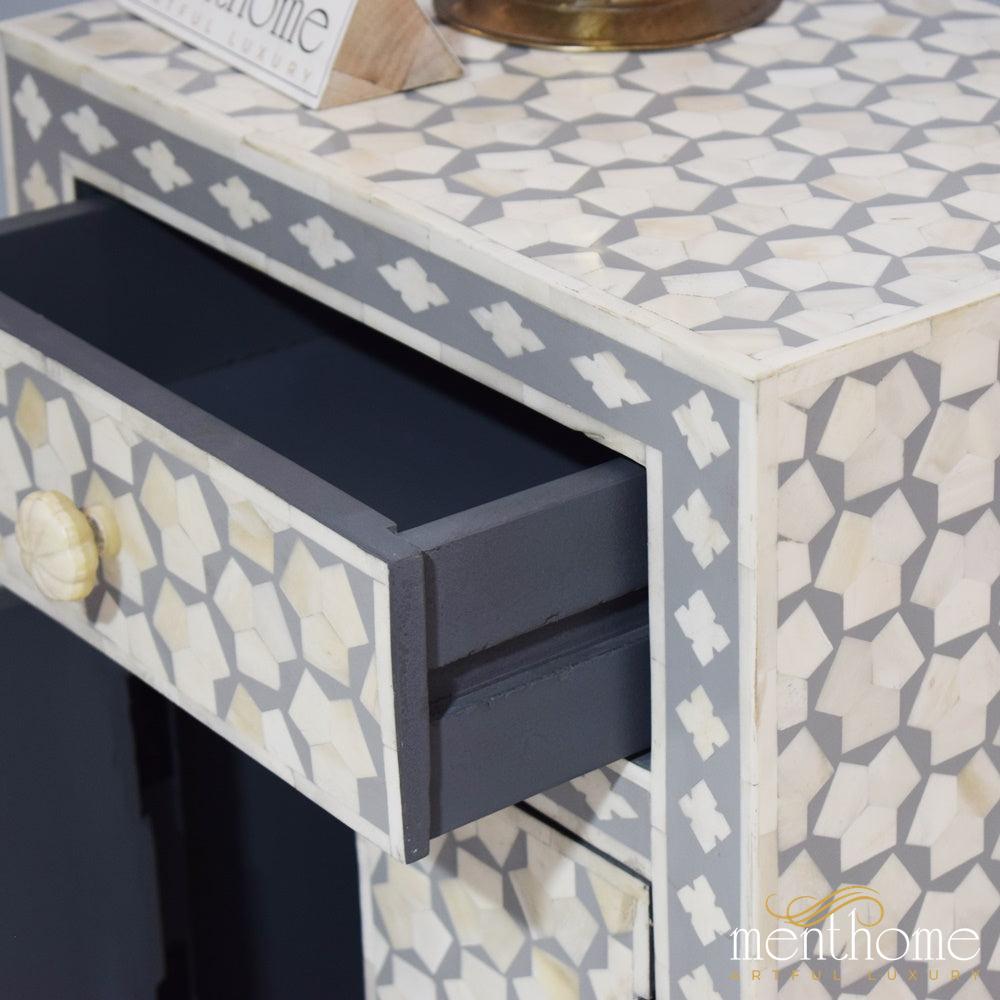 Targua pattern Bedside table Grey Bone Inlay 1-drawer | Luxury Handmade Bedside Table