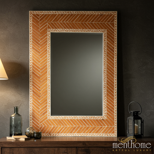 Decorative Wall Mirror with Orange Bone Inlay Frame | Luxury Handmade Mirror