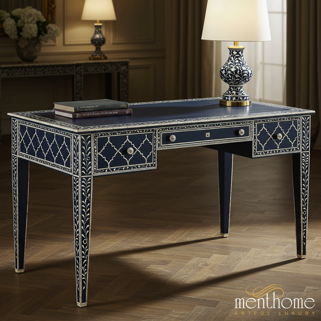 Elegant Navy Blue and White Inlaid Writing Desk | Luxury Handmade Desk