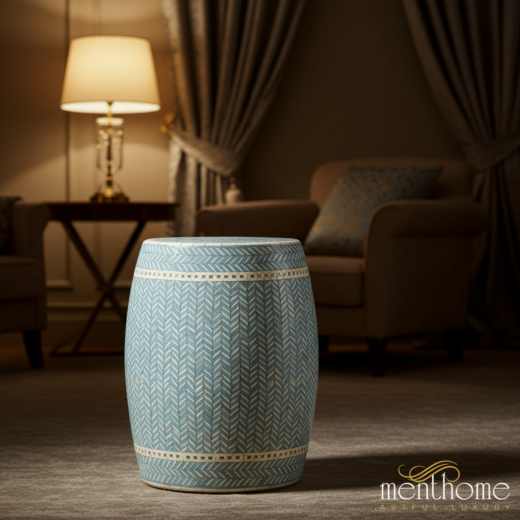 Blue Patterned Ceramic Garden Stool | Luxury Handmade Stool