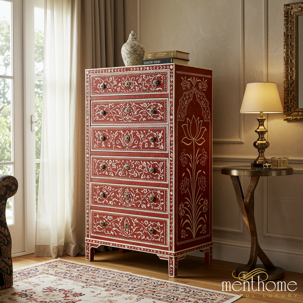 Hand-Painted Red Floral Chest of Drawers