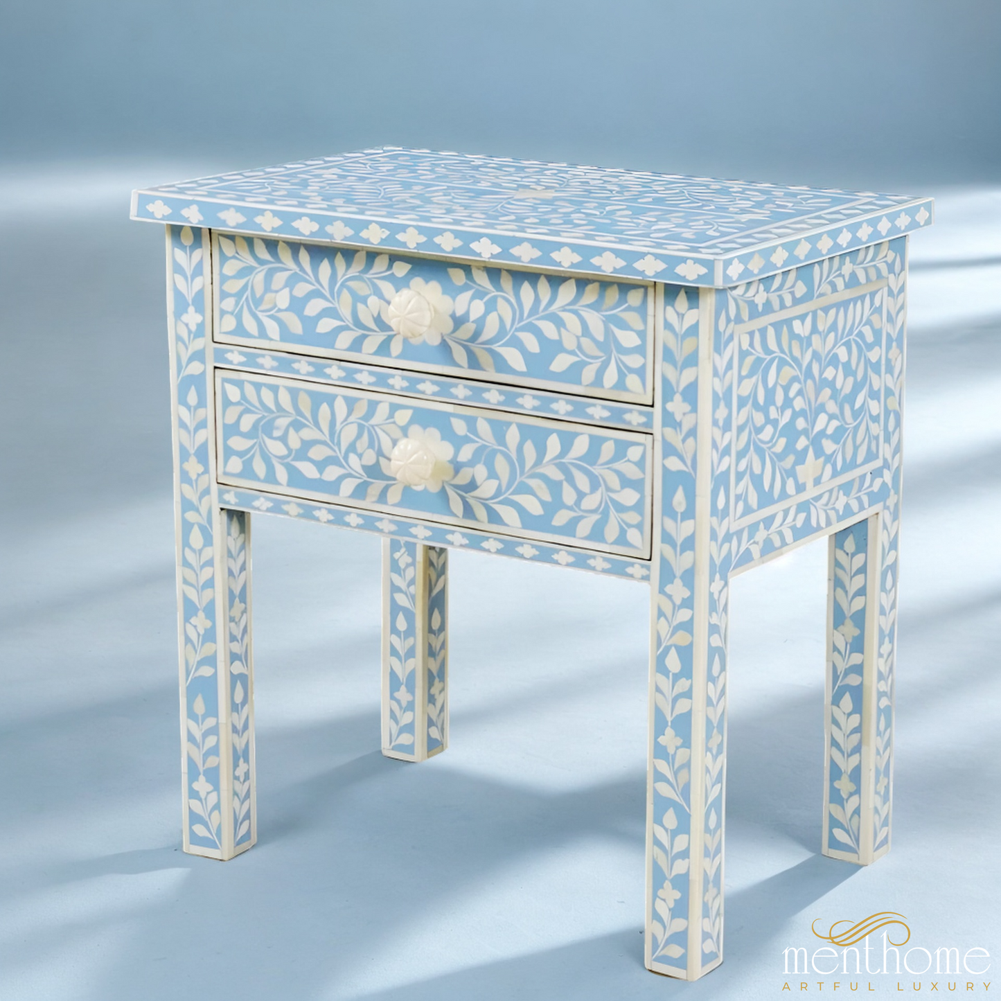 Handmade Blue Bone Inlay Bedside Table Wooden Table | Luxury Handmade Bedside Table