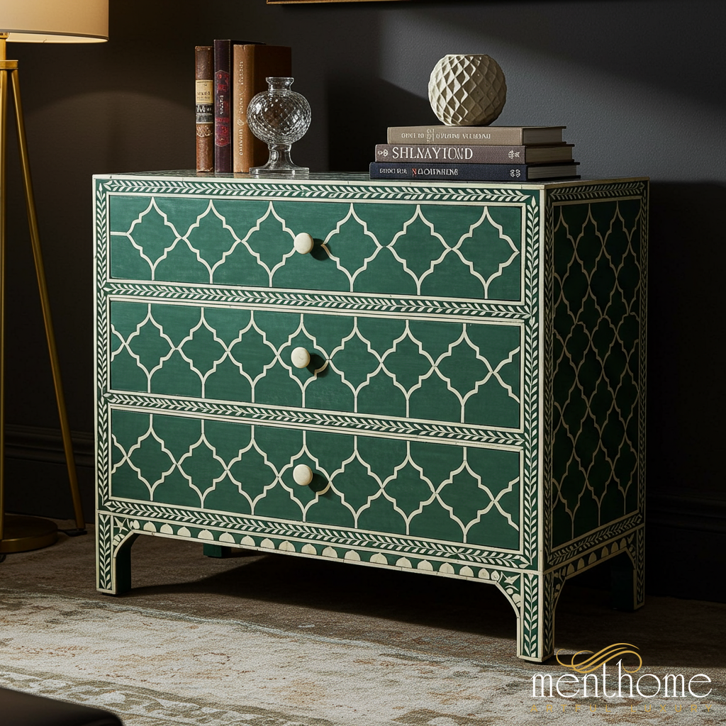 Green and Ivory Patterned 3-Drawer Chest | Luxury Handmade Chest of Drawer