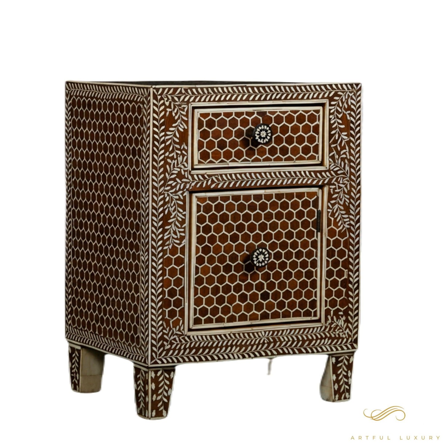 Handmade Brown Bone Inlay Bedside Table with Two Drawers | Luxury Handmade Bedside Table
